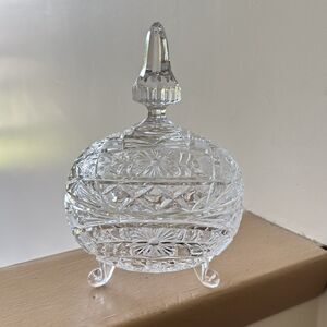 Vintage Crystal Clear Industries Monica Three-Footed Candy Dish with Steeple Lid